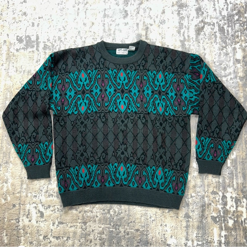 VTG 80s City Streets acrylic polyester diamond ornate pattern dad sweater Large